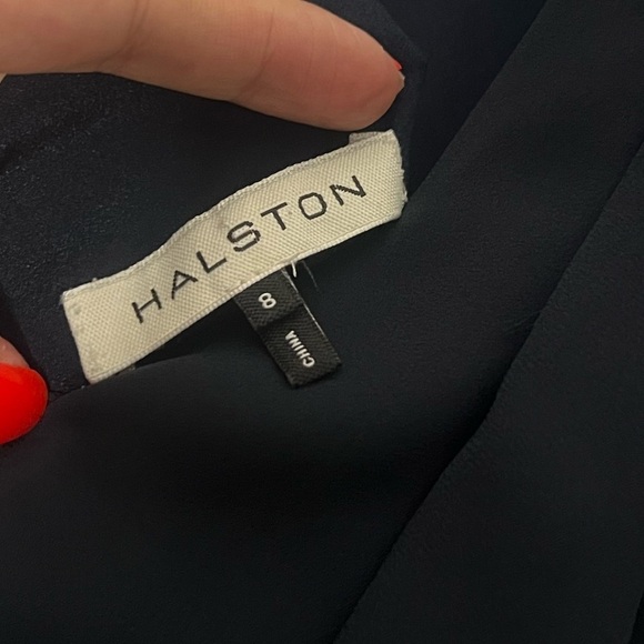 Halston Heritage Drape Back Cape Sleeve Ruffle Slit Navy Gown Maxi Dress 8 - Picture 13 of 13